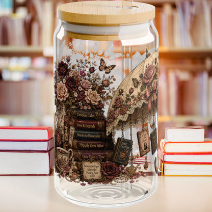 Always Carry a Good Story Glass Cup, Book Lover Iced Coffee Glass, Romance Reader Cup, BookTok Glass Can, Literary Drinkware