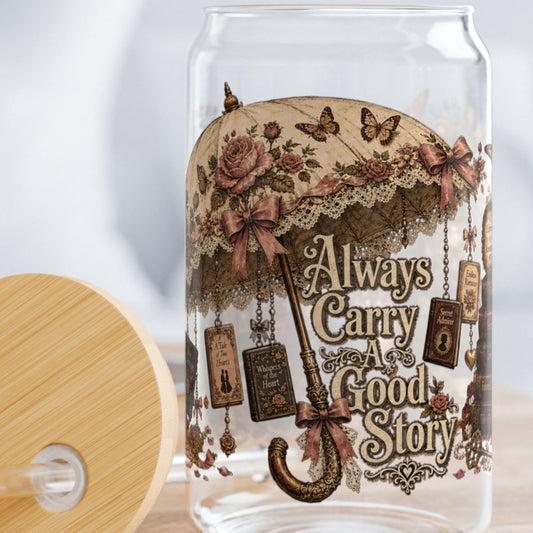Always Carry a Good Story Glass Cup, Book Lover Iced Coffee Glass, Romance Reader Cup, BookTok Glass Can, Literary Drinkware