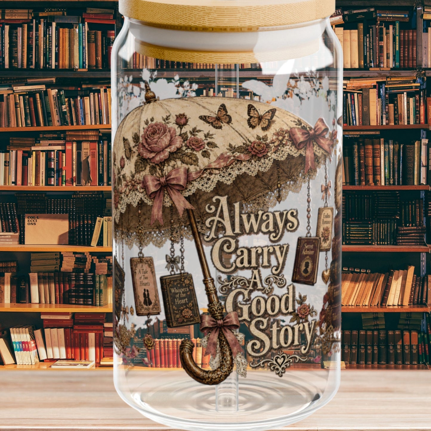 Always Carry a Good Story Glass Cup, Book Lover Iced Coffee Glass, Romance Reader Cup, BookTok Glass Can, Literary Drinkware