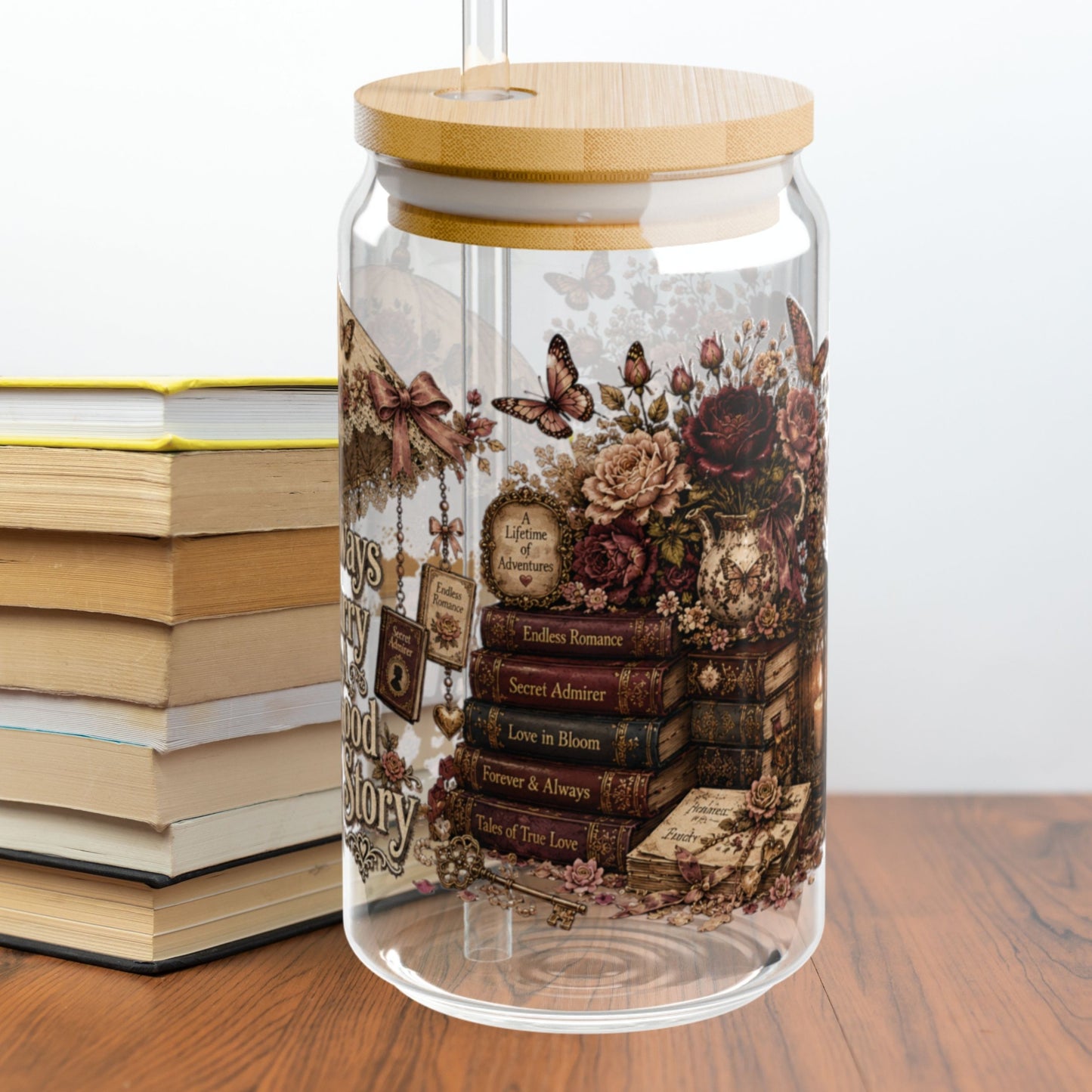 Always Carry a Good Story Glass Cup, Book Lover Iced Coffee Glass, Romance Reader Cup, BookTok Glass Can, Literary Drinkware