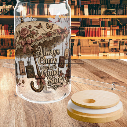Always Carry a Good Story Glass Cup, Book Lover Iced Coffee Glass, Romance Reader Cup, BookTok Glass Can, Literary Drinkware
