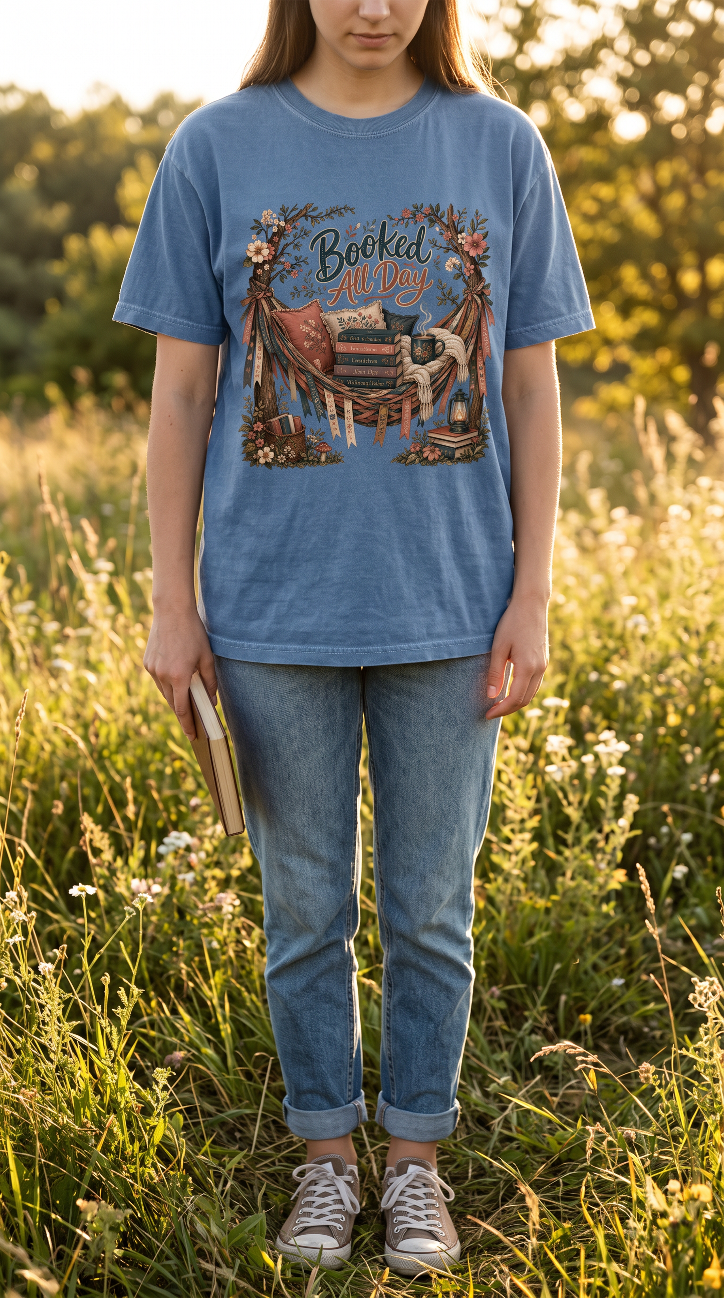 Clear your calendar—you're Booked All Day. 📚☕ This cozy book lover shirt features a dreamy reading hammock, classic novels, warm coffee, lanterns, florals, and cottagecore charm. Perfect for romance readers, BookTok fans, librarians, and anyone whose favorite plans involve getting lost in a good book. A thoughtful gift for every bookworm.

#BookedAllDay #BookLoverShirt #BookTokStyle #RomanceReader #BookishFashion #ReaderGift #Cottagecore #BookClub #ReadingLife #Bibliophile