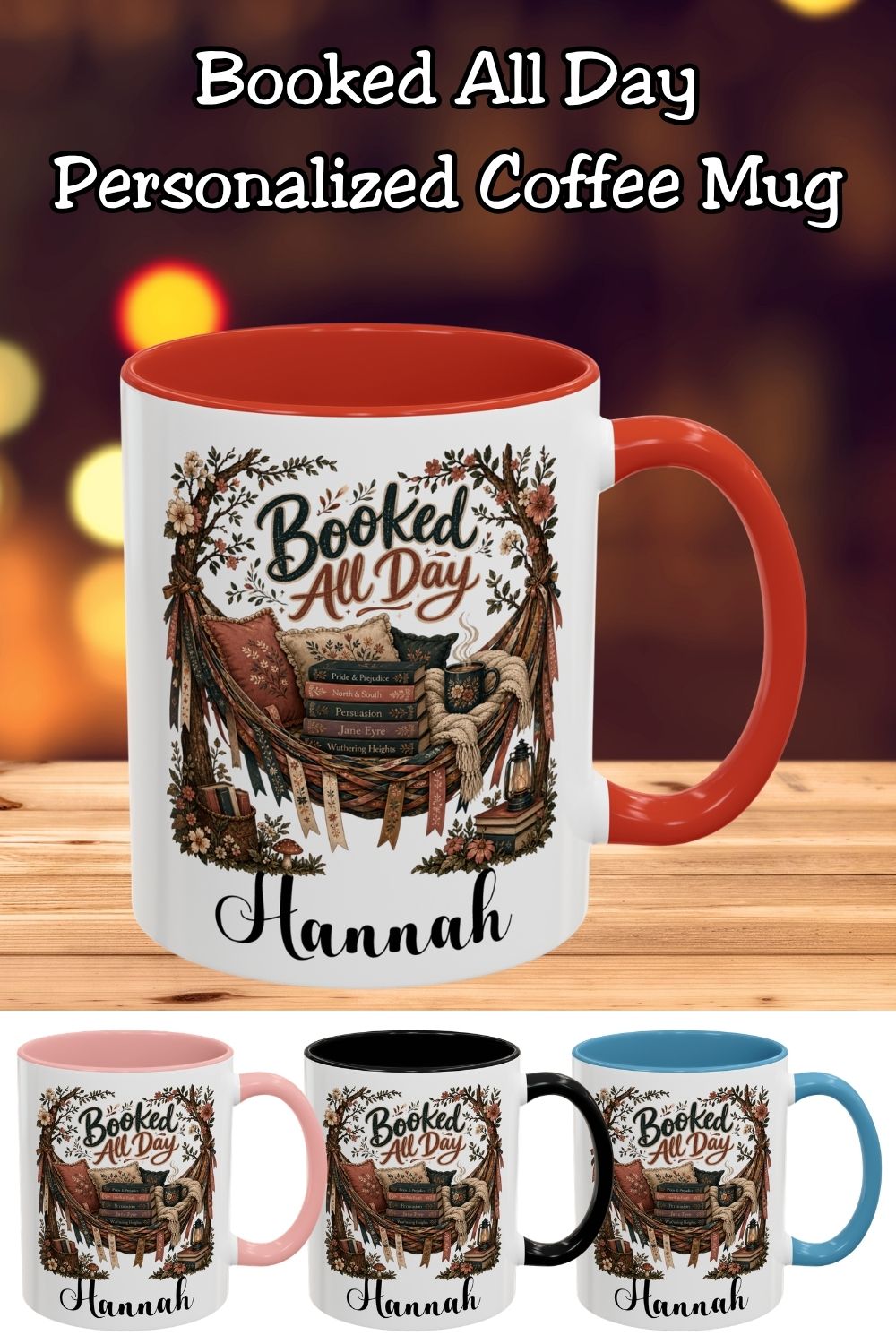 Some days are made for coffee and chapters. ☕📖 The Booked All Day personalized mug is customized with your name and features cozy cottagecore artwork with classic books, a reading hammock, florals, lanterns, and a steaming cup of coffee. The perfect custom gift for book lovers, romance readers, librarians, and BookTok fans who are always happily booked with another story.

#BookedAllDay #PersonalizedMug #BookLoverGift #BookTokMadeMeBuyIt #RomanceReader #CoffeeAndBooks #CustomMug #ReaderGift #BookishDecor #