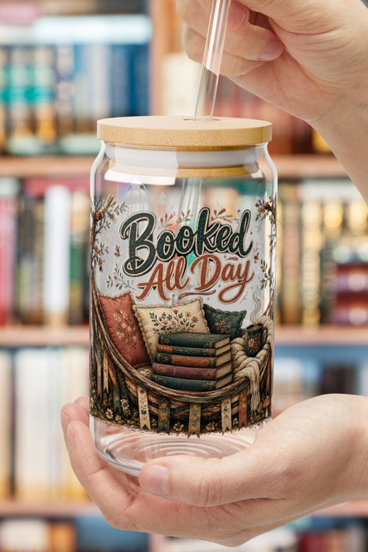 The perfect reading companion starts with iced coffee. ☕📚 The Booked All Day glass cup features a cozy wraparound design with books, coffee, lanterns, florals, and a dreamy reading hammock. Perfect for iced coffee, tea, or cold brew while diving into your latest romance novel or BookTok recommendation.

#BookedAllDay #GlassCup #BookLoverCup #BookTokGift #IcedCoffeeCup #RomanceReader #CoffeeAndBooks #BookishDrinkware #ReaderLife #LiteraryGift