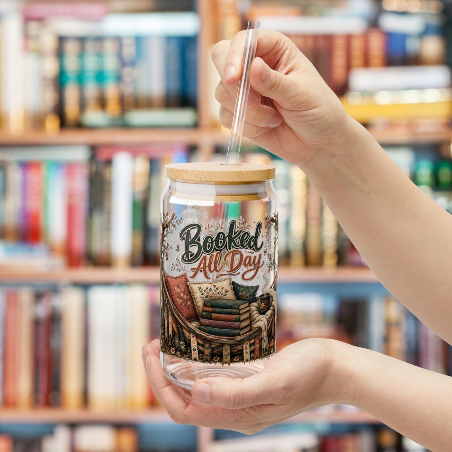 Booked All Day Glass Cup, Book Lover Iced Coffee Glass, Reading Glass Can, BookTok Drinkware, Cozy Reader Glass Cup