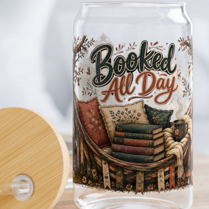 Booked All Day Glass Cup, Book Lover Iced Coffee Glass, Reading Glass Can, BookTok Drinkware, Cozy Reader Glass Cup