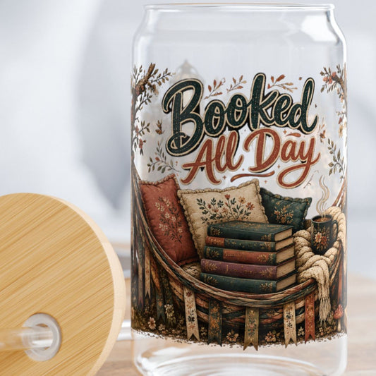 Booked All Day Glass Cup, Book Lover Iced Coffee Glass, Reading Glass Can, BookTok Drinkware, Cozy Reader Glass Cup