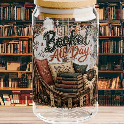 Booked All Day Glass Cup, Book Lover Iced Coffee Glass, Reading Glass Can, BookTok Drinkware, Cozy Reader Glass Cup