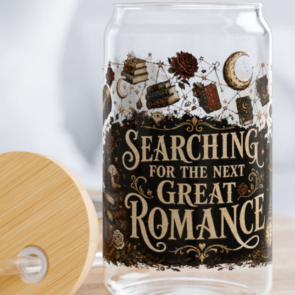 Searching for the Next Great Romance Glass Cup, Book Lover Iced Coffee Glass, Romance Reader Glass Can, BookTok Drinkware