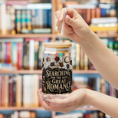 Searching for the Next Great Romance Glass Cup, Book Lover Iced Coffee Glass, Romance Reader Glass Can, BookTok Drinkware