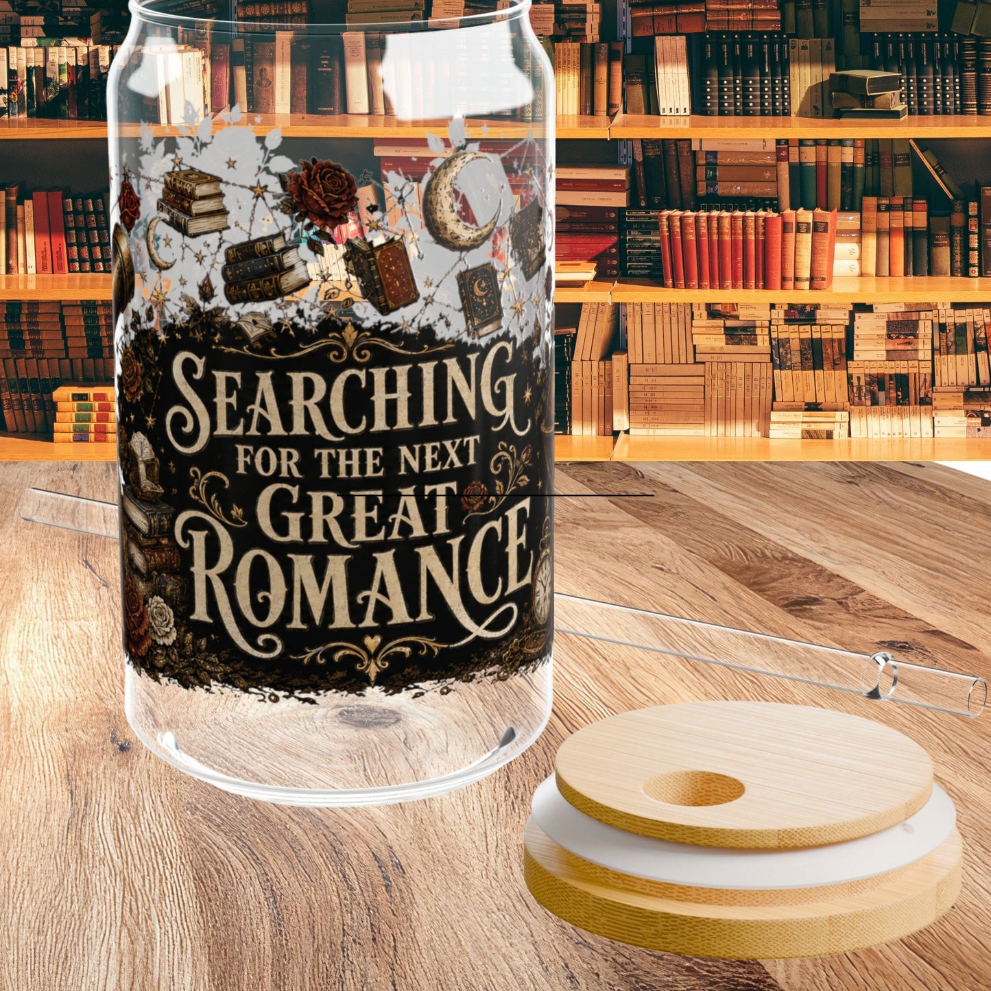 Searching for the Next Great Romance Glass Cup, Book Lover Iced Coffee Glass, Romance Reader Glass Can, BookTok Drinkware