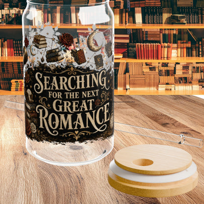 Searching for the Next Great Romance Glass Cup, Book Lover Iced Coffee Glass, Romance Reader Glass Can, BookTok Drinkware