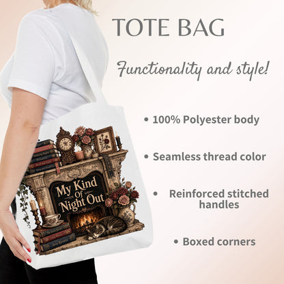 My Kind of Night Out Tote Bag, Book Lover Tote, Cozy Reading Book Bag, Literary Tote, Introvert Reader Gift for Women