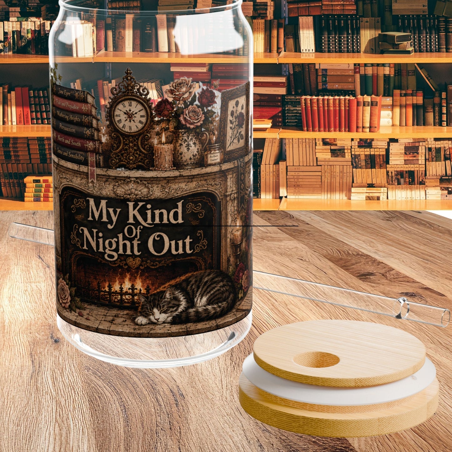 My Kind of Night Out Glass Cup, Book Lover Glass Tumbler, Cozy Reading Cup, Literary Gift for Readers, Bookish Iced Coffee Cup