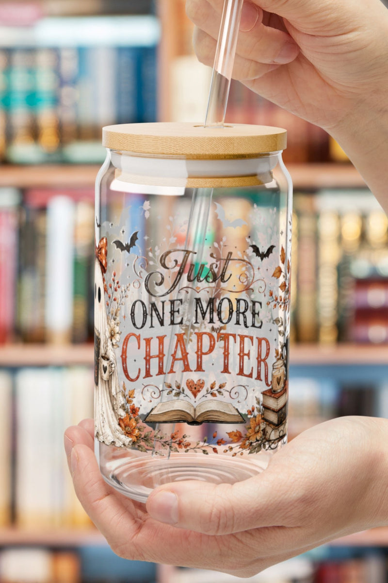 Just One More Chapter Autumn Fall Pumpkin Ghost 16oz Glass Cup, 16oz Halloween Glass Cup , Retro Fall, Trendy Floral Autumn Ghost Book Lover