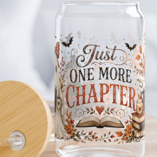 Just One More Chapter Autumn Fall Pumpkin Ghost 16oz Glass Cup, 16oz Halloween Glass Cup , Retro Fall, Trendy Floral Autumn Ghost Book Lover