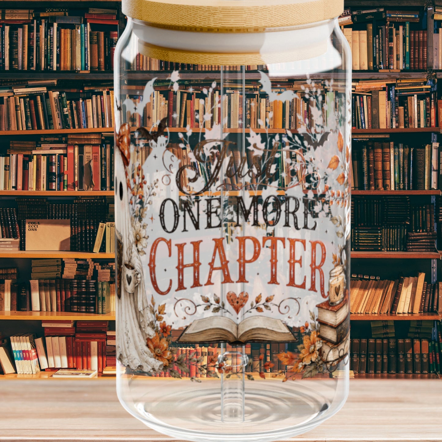 Just One More Chapter Autumn Fall Pumpkin Ghost 16oz Glass Cup, 16oz Halloween Glass Cup , Retro Fall, Trendy Floral Autumn Ghost Book Lover