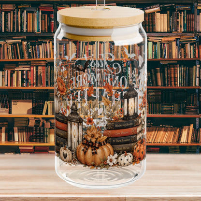 Just One More Chapter Autumn Fall Pumpkin Ghost 16oz Glass Cup, 16oz Halloween Glass Cup , Retro Fall, Trendy Floral Autumn Ghost Book Lover
