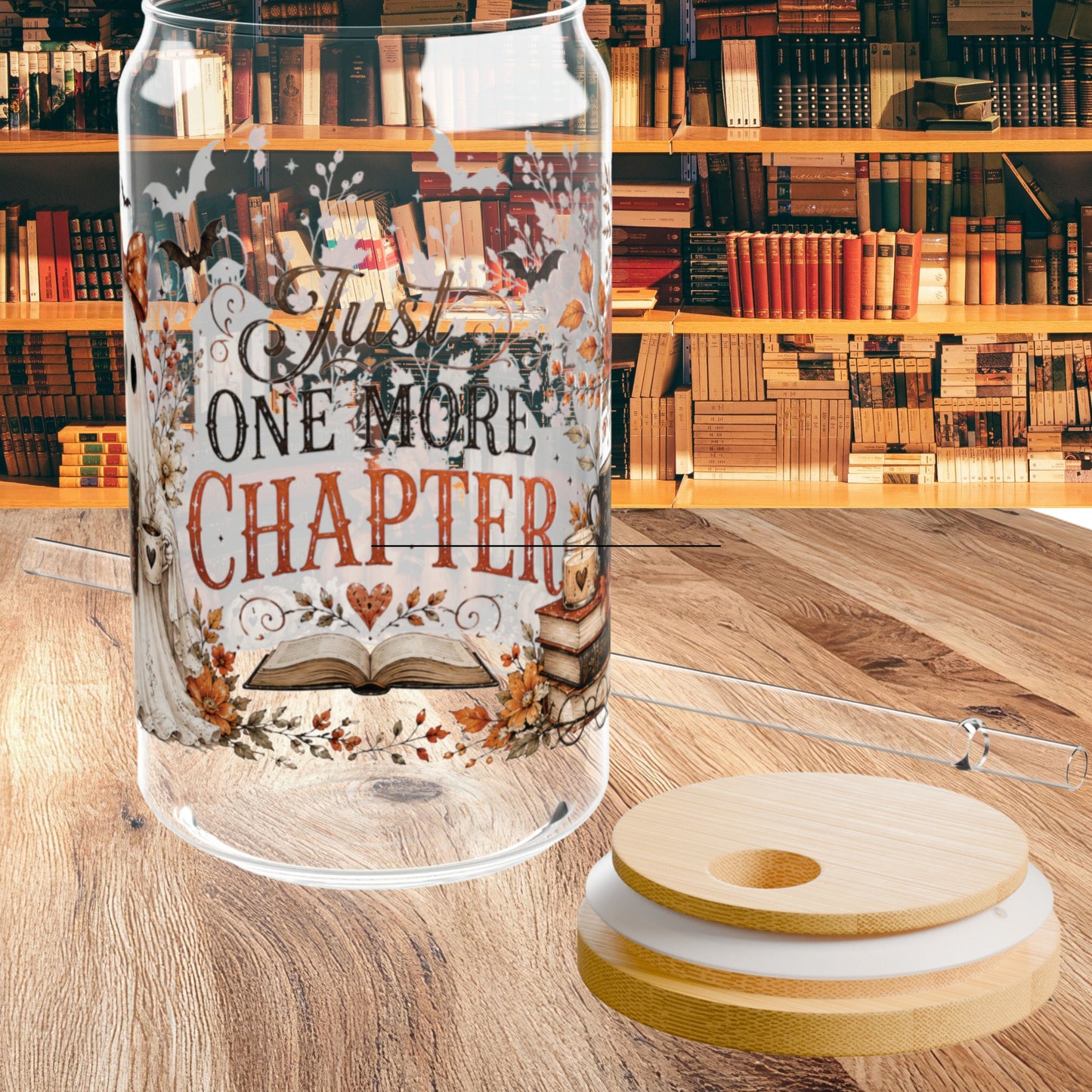Just One More Chapter Autumn Fall Pumpkin Ghost 16oz Glass Cup, 16oz Halloween Glass Cup , Retro Fall, Trendy Floral Autumn Ghost Book Lover
