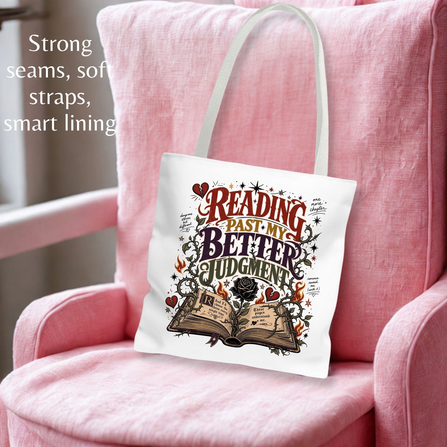 Reading Past My Better Judgment Tote Bag, Funny Book Lover Bag, Romance Reader Bookish Tote