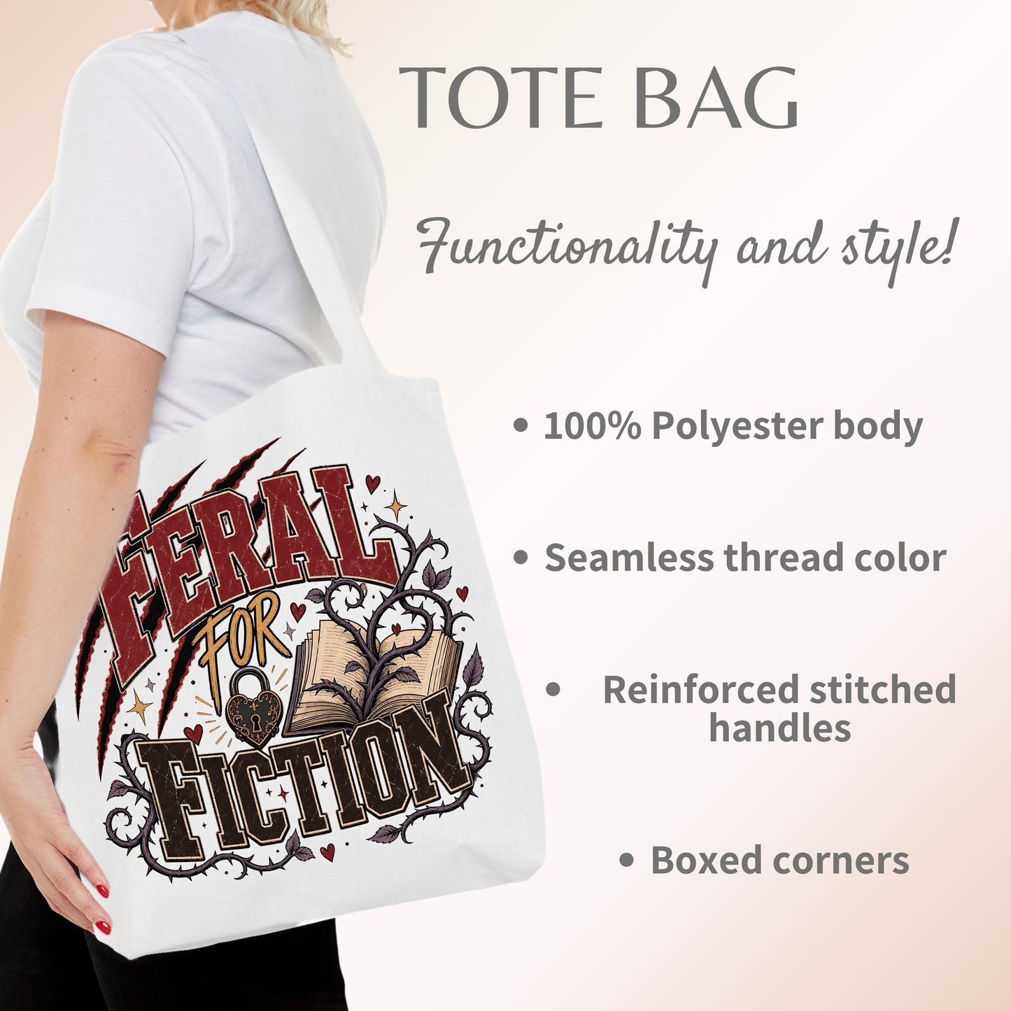 Feral for Fiction Tote Bag, Funny Book Lover Bag, Romance Reader Tote, Bookish Gift for Readers