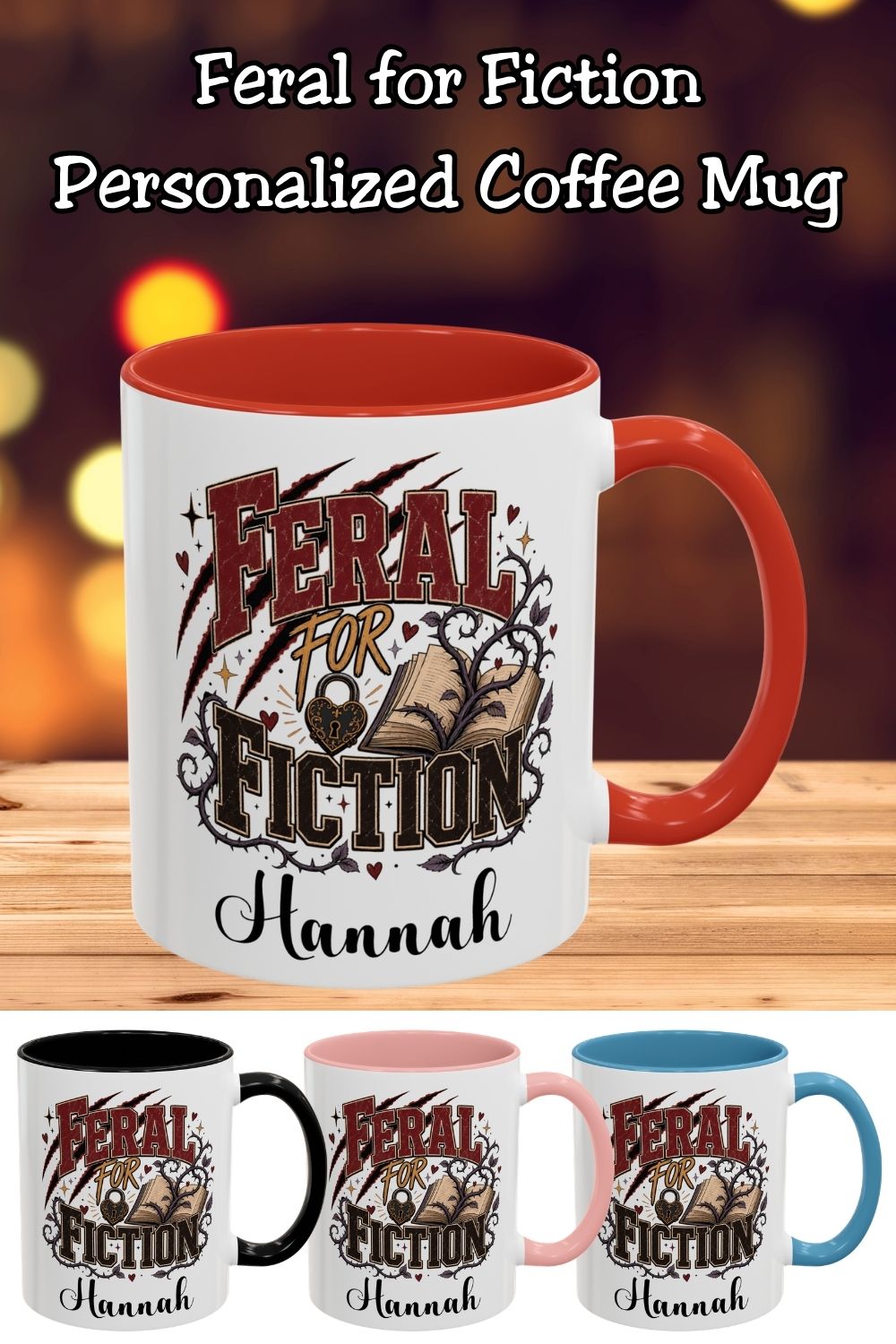 Personalized Feral for Fiction Mug, Funny Book Lover Mug, Custom Romance Reader Gift, Bookish Coffee Mug
