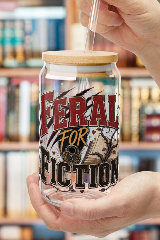 Feral for Fiction Glass Cup, 16 oz Book Lover Sipper Cup, Romance Reader Gift, Bookish Iced Coffee Cup