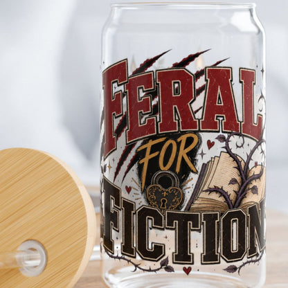 Feral for Fiction Glass Cup, 16 oz Book Lover Sipper Cup, Romance Reader Gift, Bookish Iced Coffee Cup