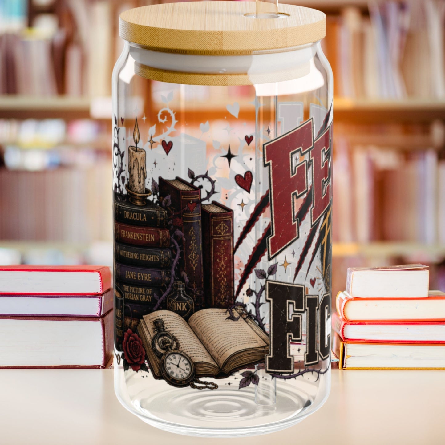 Feral for Fiction Glass Cup, 16 oz Book Lover Sipper Cup, Romance Reader Gift, Bookish Iced Coffee Cup
