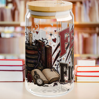 Feral for Fiction Glass Cup, 16 oz Book Lover Sipper Cup, Romance Reader Gift, Bookish Iced Coffee Cup