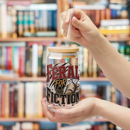 Feral for Fiction Glass Cup, 16 oz Book Lover Sipper Cup, Romance Reader Gift, Bookish Iced Coffee Cup