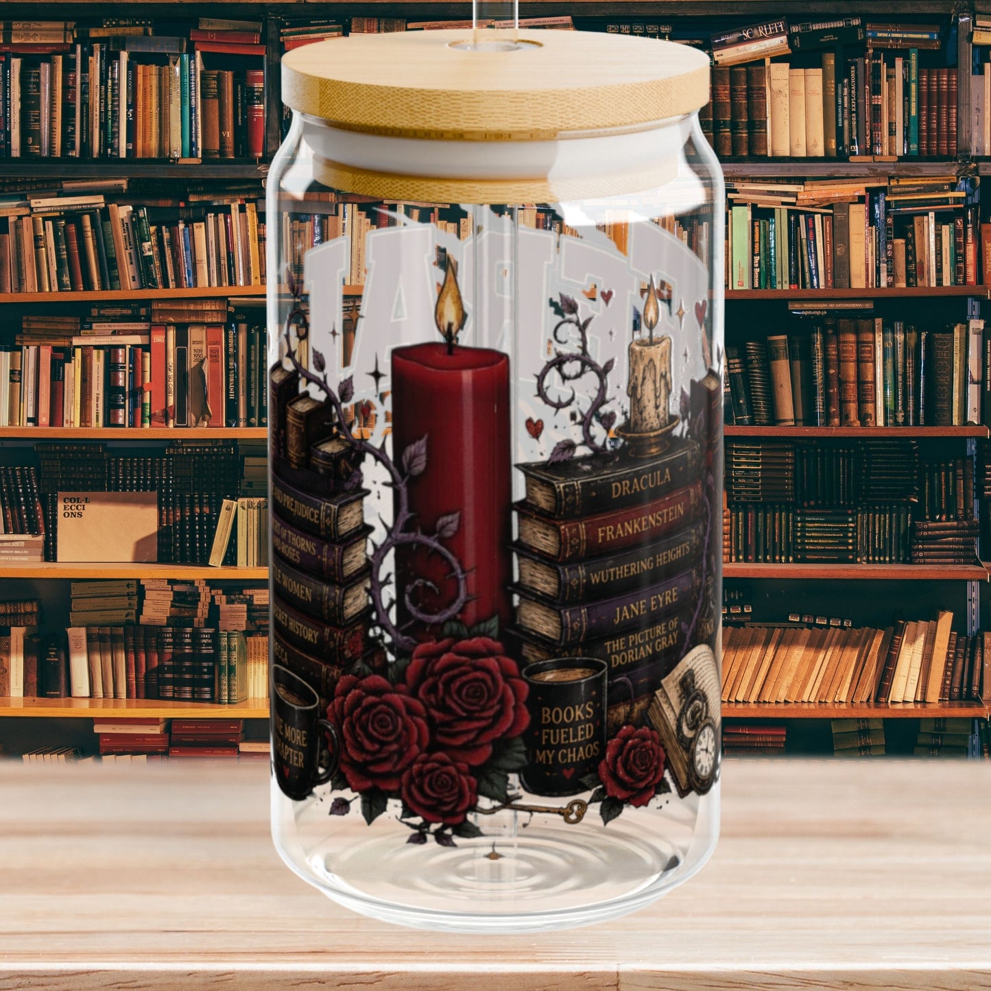 Feral for Fiction Glass Cup, 16 oz Book Lover Sipper Cup, Romance Reader Gift, Bookish Iced Coffee Cup