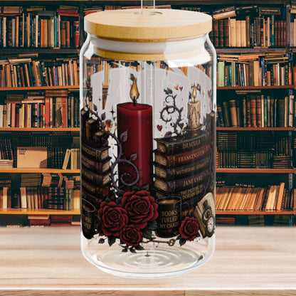 Feral for Fiction Glass Cup, 16 oz Book Lover Sipper Cup, Romance Reader Gift, Bookish Iced Coffee Cup