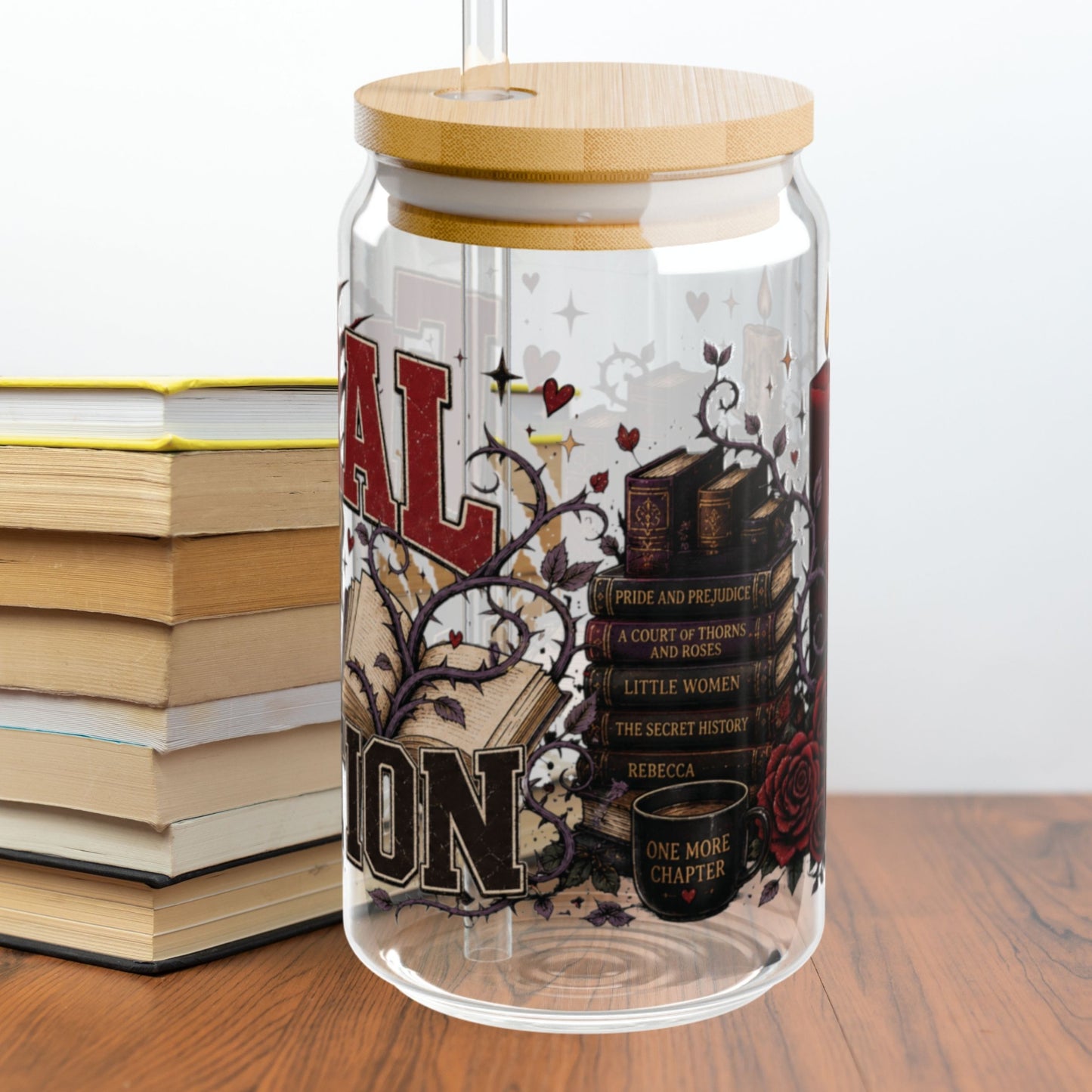 Feral for Fiction Glass Cup, 16 oz Book Lover Sipper Cup, Romance Reader Gift, Bookish Iced Coffee Cup