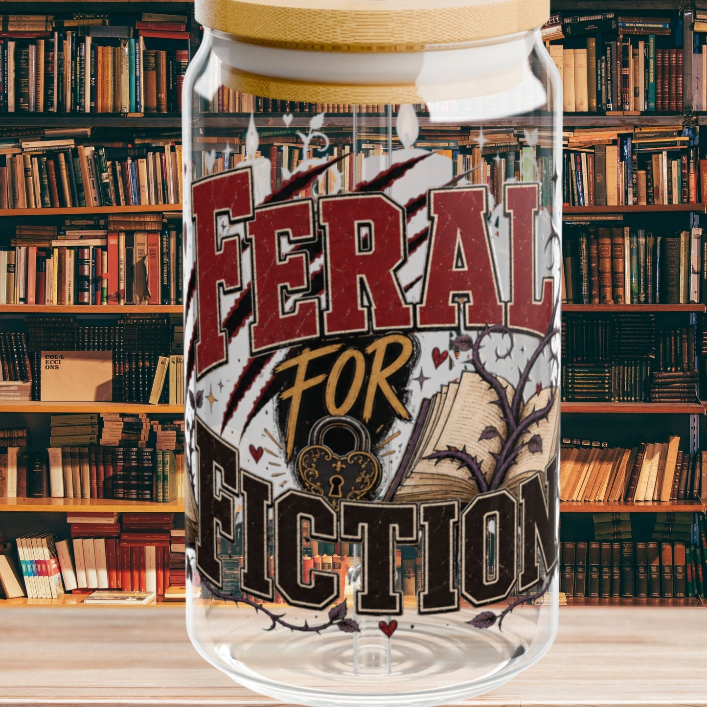 Feral for Fiction Glass Cup, 16 oz Book Lover Sipper Cup, Romance Reader Gift, Bookish Iced Coffee Cup