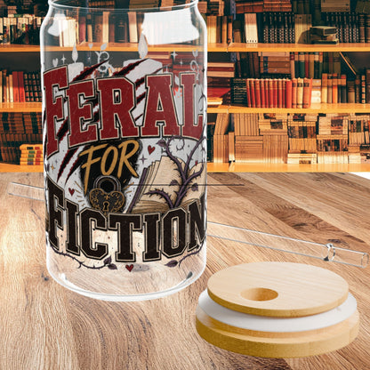 Feral for Fiction Glass Cup, 16 oz Book Lover Sipper Cup, Romance Reader Gift, Bookish Iced Coffee Cup