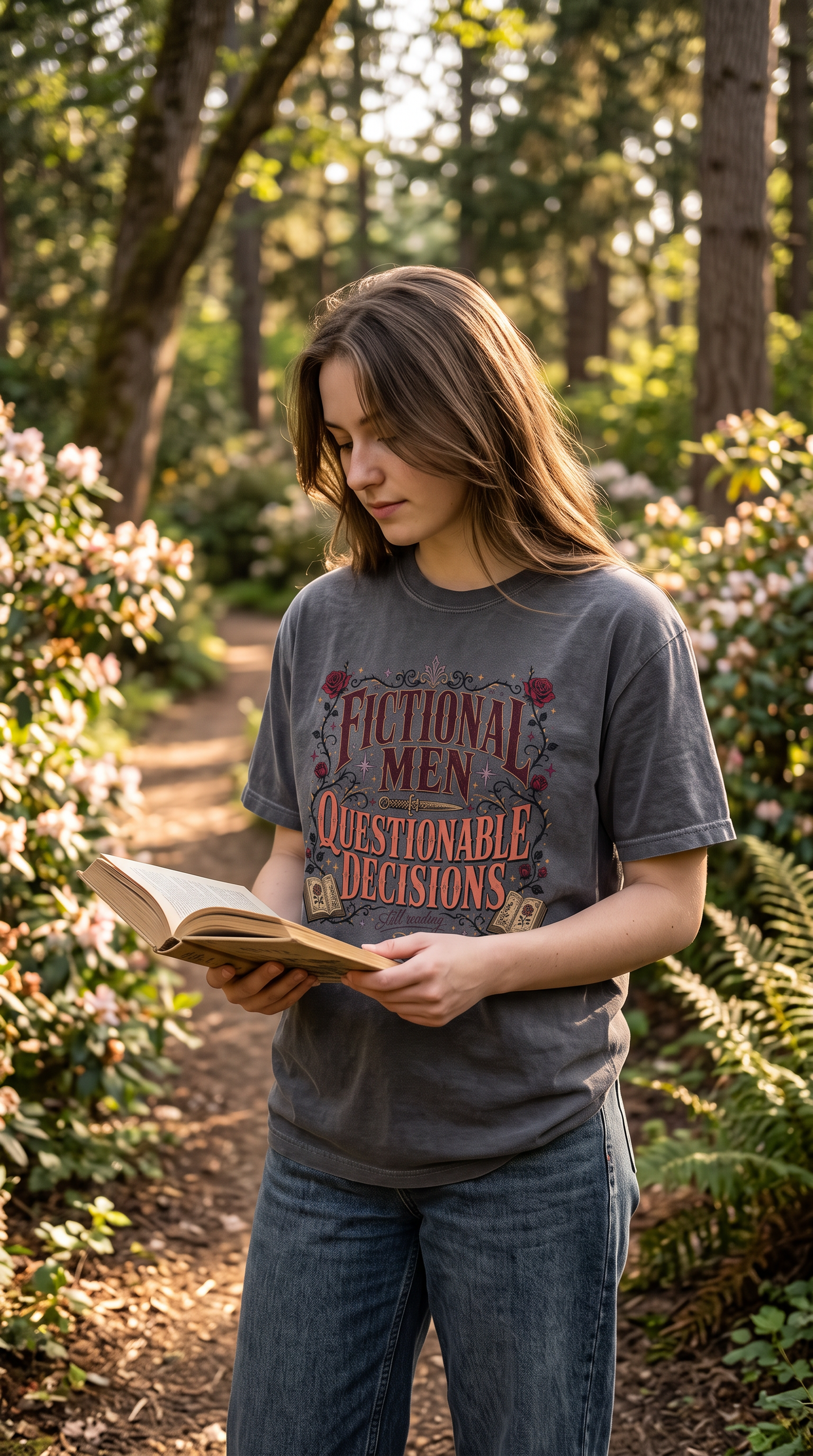 Fictional Men, Questionable Decisions Shirt 📚🌹 Perfect for romance readers, BookTok lovers, romantasy fans, and anyone with a weakness for morally gray fictional men. This gothic book lover tee features vintage typography, roses, celestial details, and dark romance style for an easy reader outfit or bookish gift.