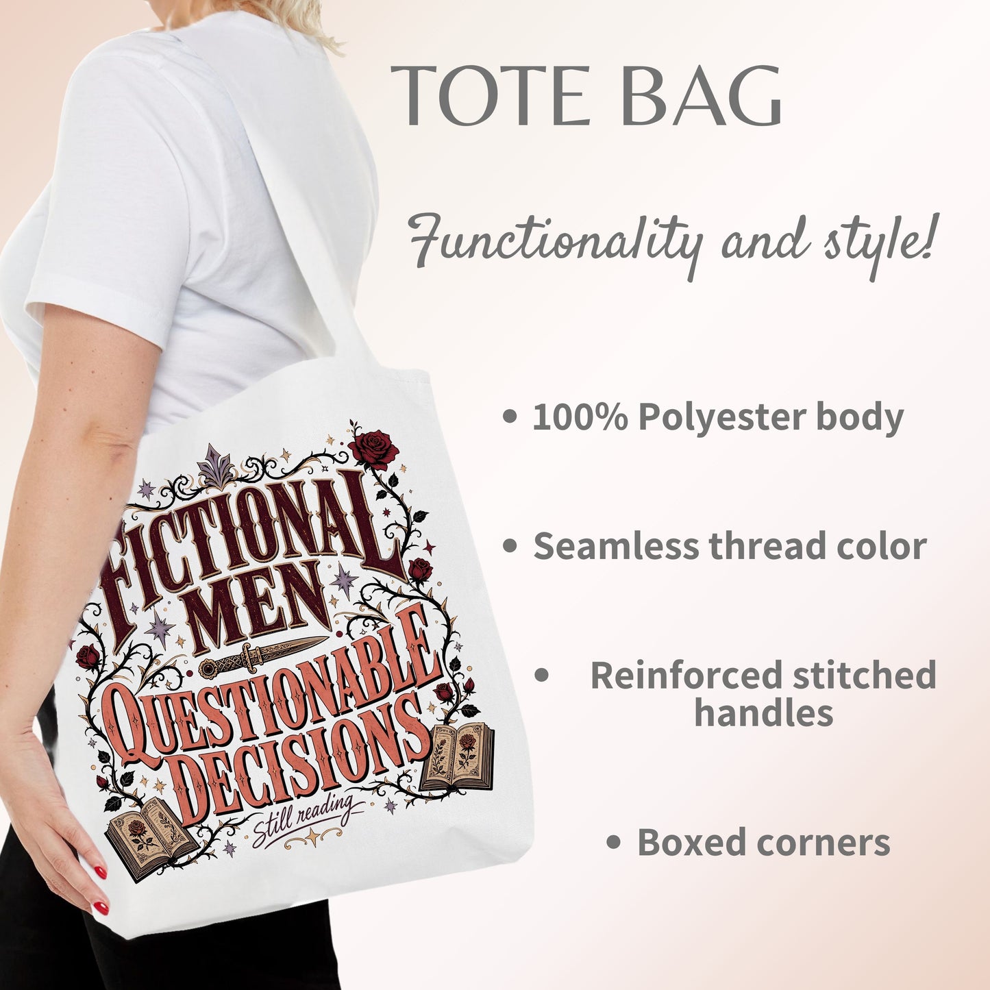 Fictional Men, Questionable Decisions Tote Bag, Romance Reader Tote, Book Lover Bag, BookTok Gift