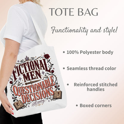 Fictional Men, Questionable Decisions Tote Bag, Romance Reader Tote, Book Lover Bag, BookTok Gift