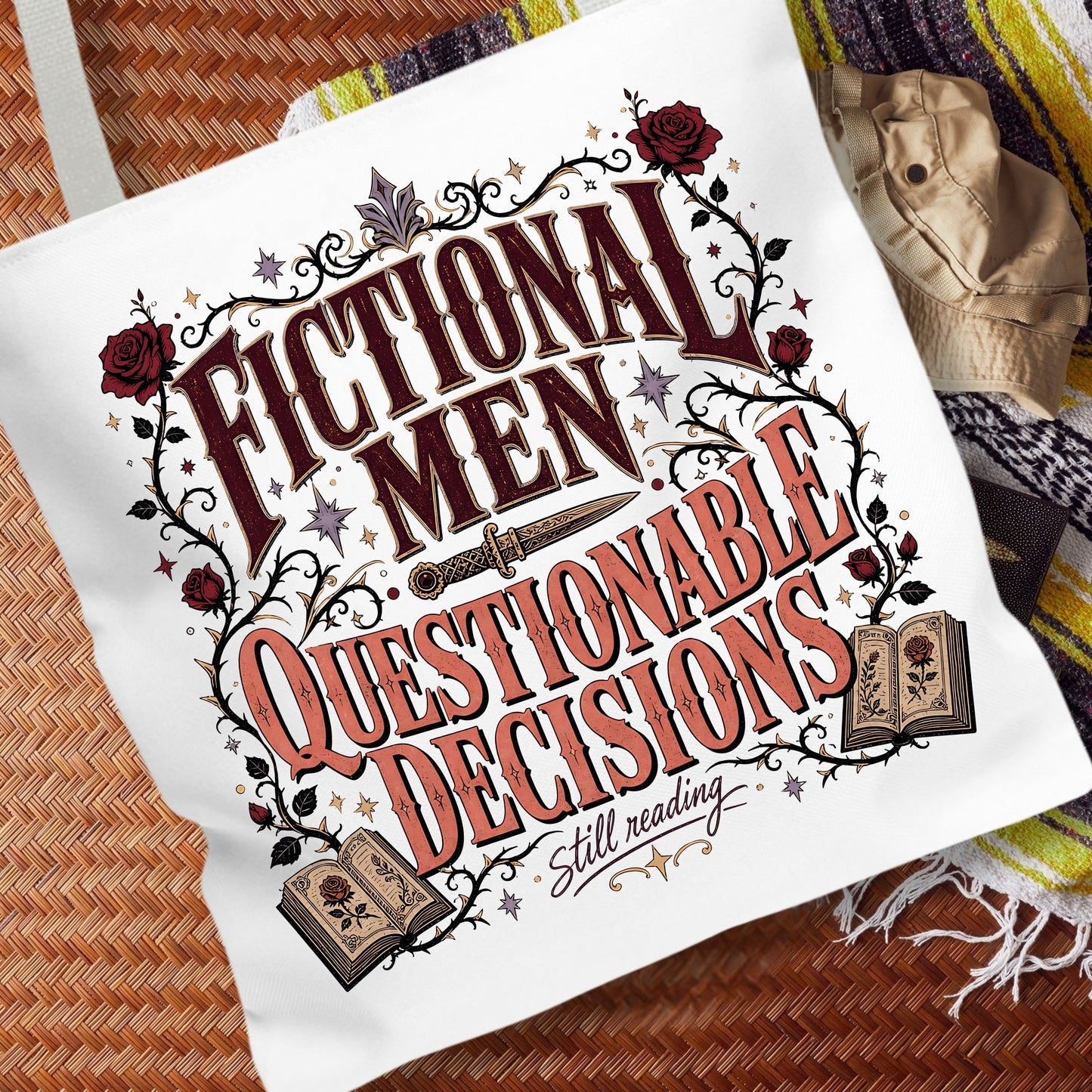 Fictional Men, Questionable Decisions Tote Bag, Romance Reader Tote, Book Lover Bag, BookTok Gift