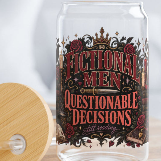 Fictional Men, Questionable Decisions Glass Cup, Romance Reader Cup, Book Lover Iced Coffee Glass, BookTok Gift