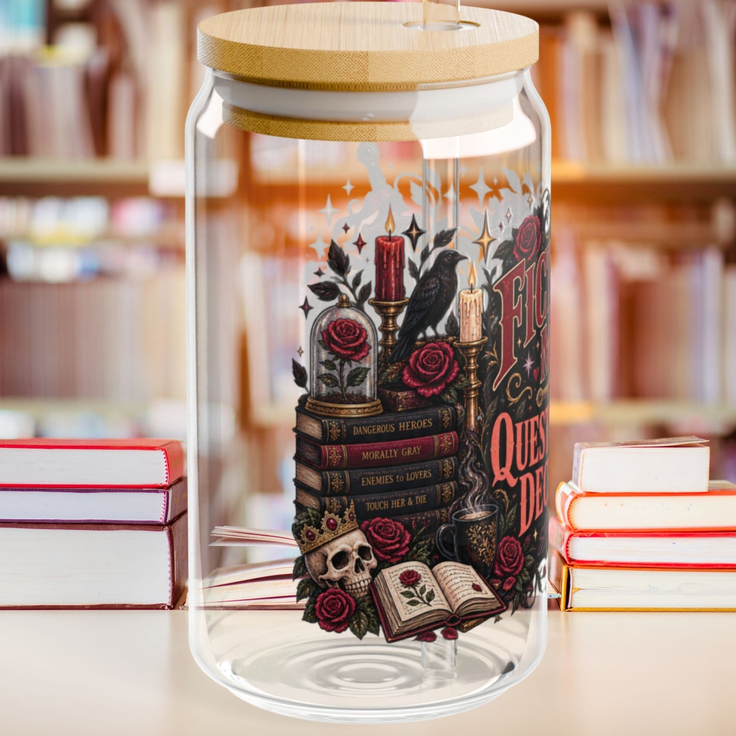 Fictional Men, Questionable Decisions Glass Cup, Romance Reader Cup, Book Lover Iced Coffee Glass, BookTok Gift