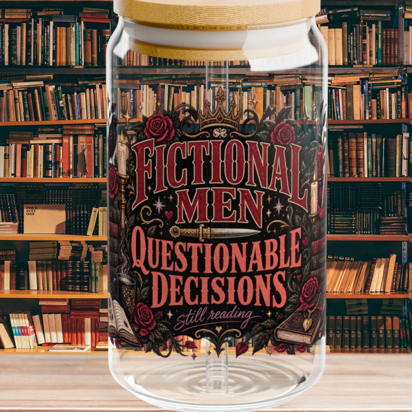 Fictional Men, Questionable Decisions Glass Cup, Romance Reader Cup, Book Lover Iced Coffee Glass, BookTok Gift