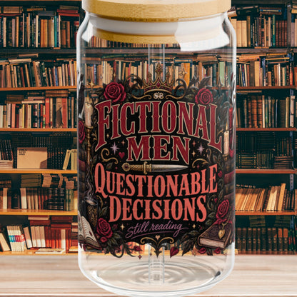 Fictional Men, Questionable Decisions Glass Cup, Romance Reader Cup, Book Lover Iced Coffee Glass, BookTok Gift