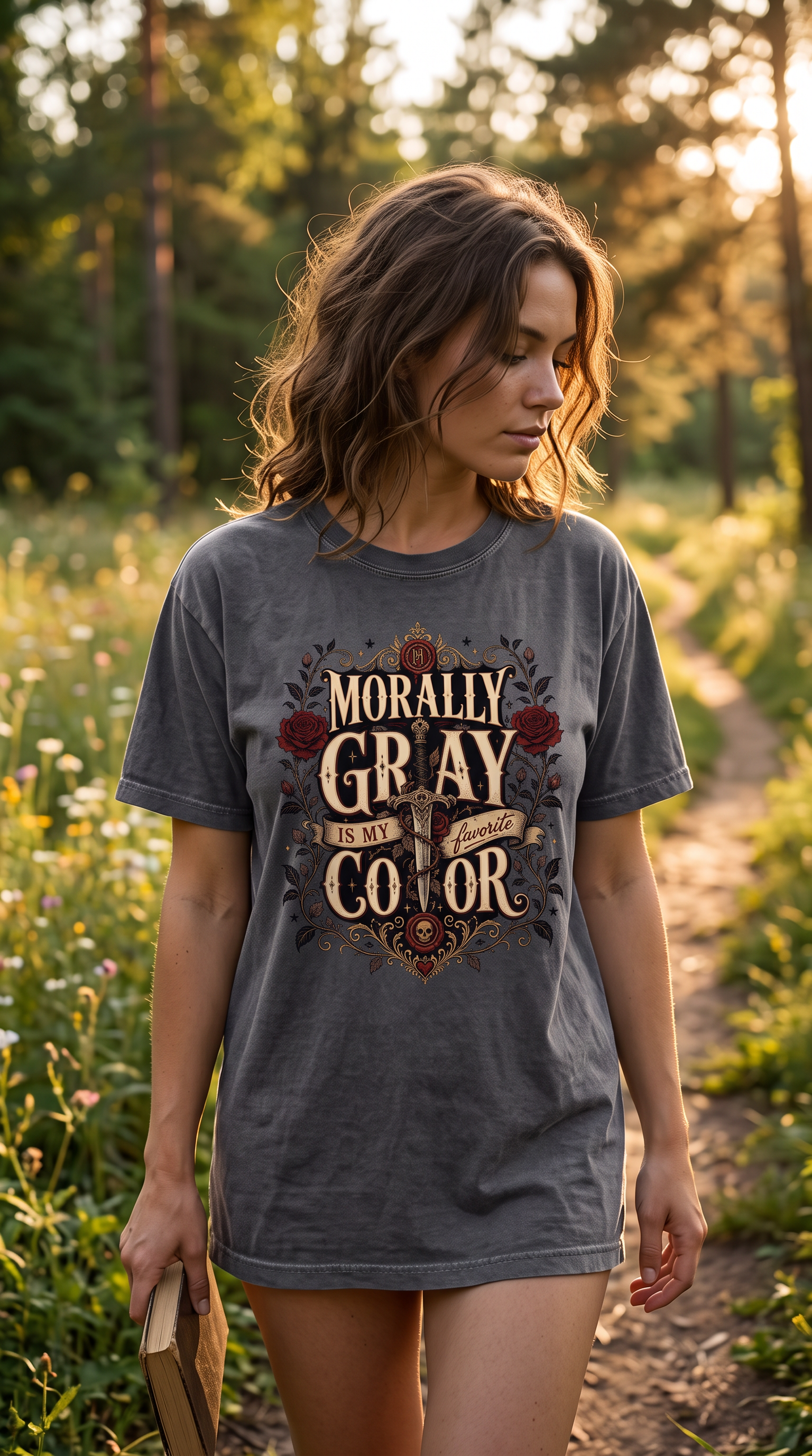 For readers who always fall for the villain, antihero, or dangerously devoted fictional man. 🖤🌹 The Morally Gray Is My Favorite Color Shirt features a dramatic gothic design with deep red roses, an ornate dagger, skull details, and vintage gold flourishes. Perfect for dark romance readers, romantasy fans, BookTok lovers, and anyone whose favorite fictional characters come with plenty of red flags. #MorallyGray #DarkRomance #BookLoverShirt #RomantasyReader #BookTokStyle #BookishFashion #ReaderGift #DarkAca