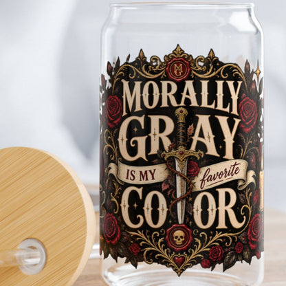 Sip iced coffee while falling for another fictional red flag. 🌹📚 The Morally Gray Is My Favorite Color 16 oz Glass Cup features a dramatic wraparound design filled with deep red roses, vintage books, candles, skulls, a dagger, crown, wax-sealed letters, and gothic details. A beautiful bookish gift for dark romance readers, romantasy lovers, and BookTok fans. #GlassCup #DarkRomance #MorallyGray #BookLoverCup #Romantasy #BookTokGift #IcedCoffeeCup #BookishDrinkware