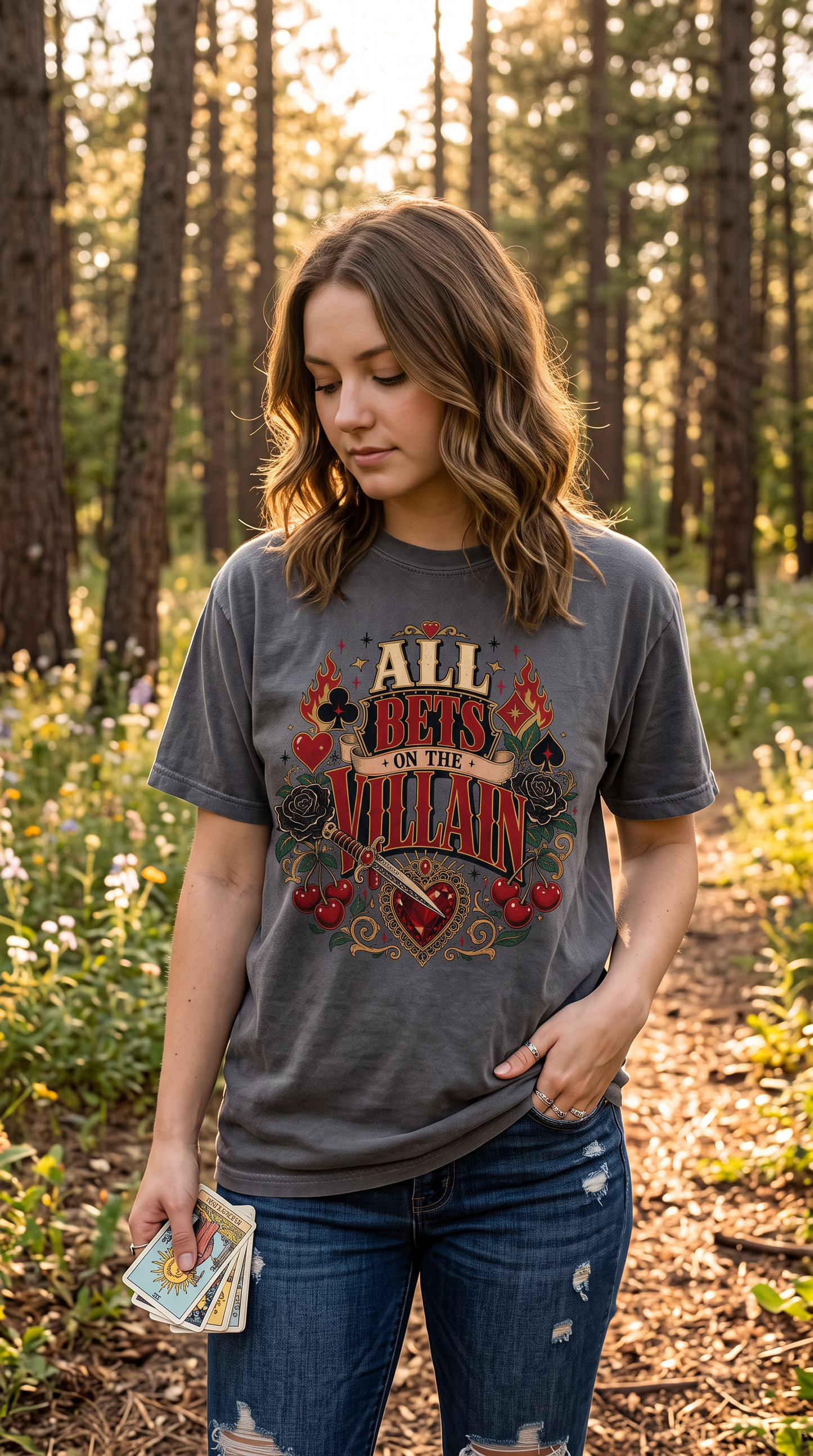 Place your bets on the villain. 🖤🗡️ The All Bets on the Villain Shirt is made for dark romance readers who always choose the morally gray character, dangerous antihero, or fictional red flag. Featuring black roses, fiery playing card suits, cherries, a jeweled heart, dagger details, and vintage gold accents, this bold bookish tee is perfect for BookTok, romantasy lovers, and villain romance fans. #AllBetsOnTheVillain #DarkRomance #BookLoverShirt #RomantasyReader #BookTokStyle #VillainEra #BookishFashion #