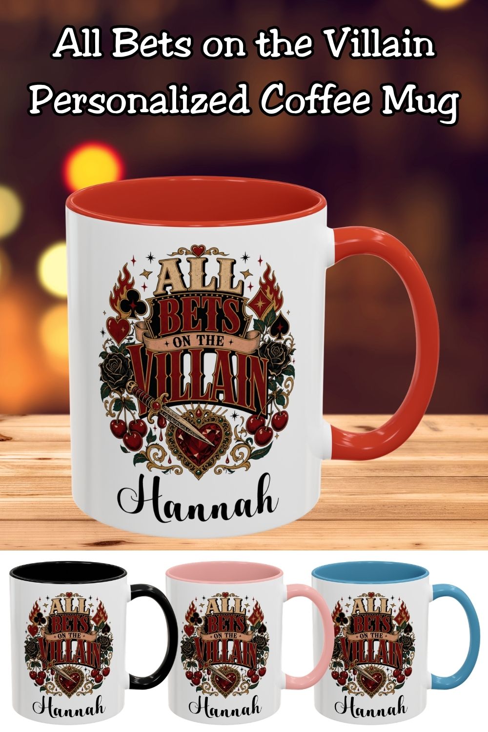 Coffee, books, and questionable fictional choices. ☕🖤 The Personalized All Bets on the Villain Mug features a bold dark romance design with black roses, playing card details, flames, cherries, a jeweled heart, and dagger accents. Add a name for a custom gift perfect for BookTok readers, romantasy fans, dark romance lovers, and anyone who always roots for the villain. #PersonalizedMug #DarkRomanceGift #BookLoverMug #AllBetsOnTheVillain #RomantasyReader #BookTokGift #VillainEra #ReaderGift