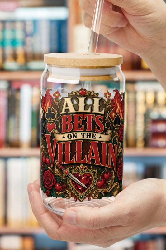 All Bets on the Villain Glass Cup, Dark Romance Book Lover Cup, Villain Era 16 oz Glass Sipper, Bookish Reader Gift