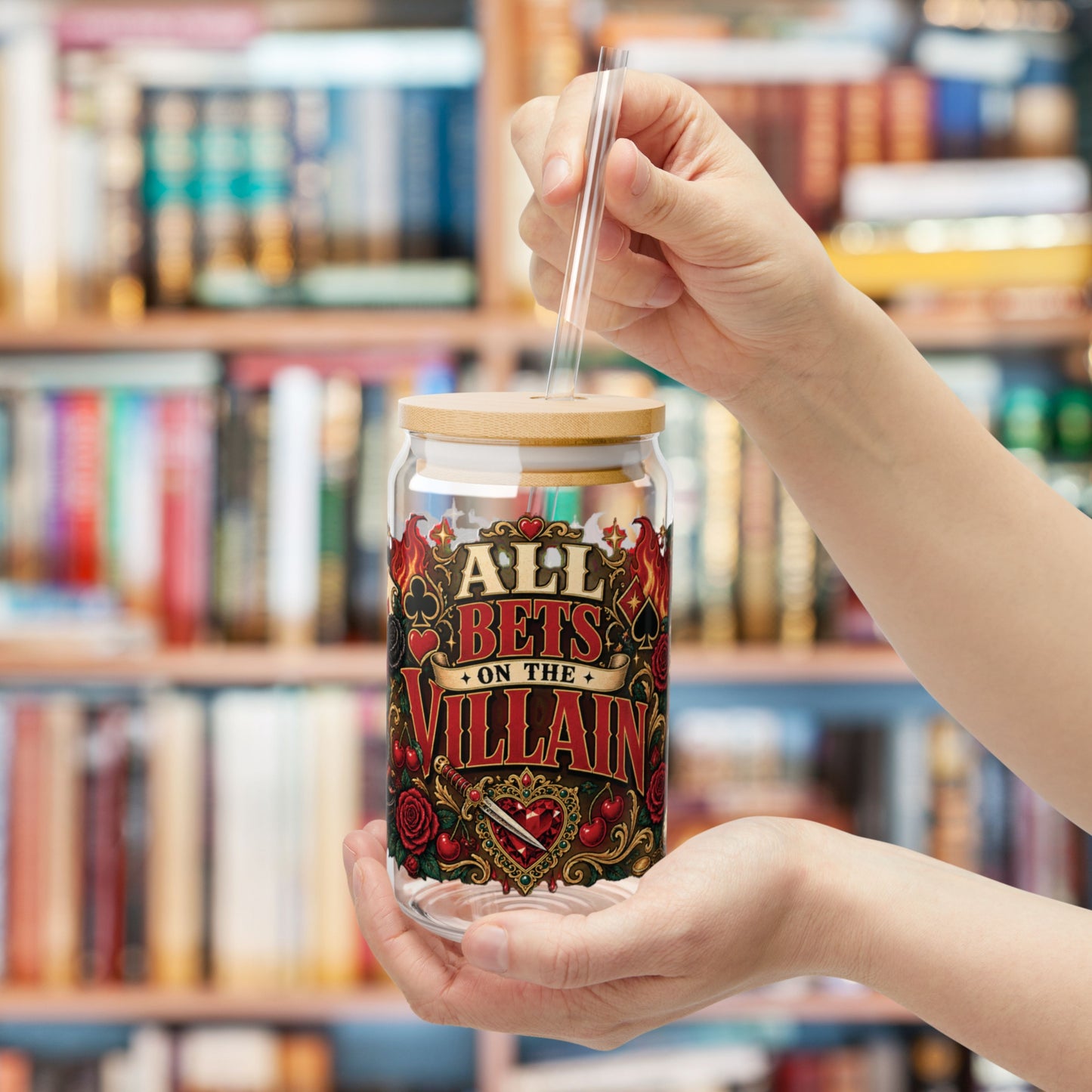 All Bets on the Villain Glass Cup, Dark Romance Book Lover Cup, Villain Era 16 oz Glass Sipper, Bookish Reader Gift